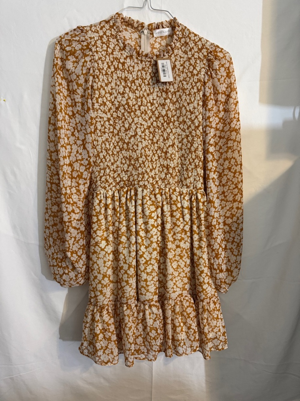 vestique White Floral Smocked Mustard Mini Dress